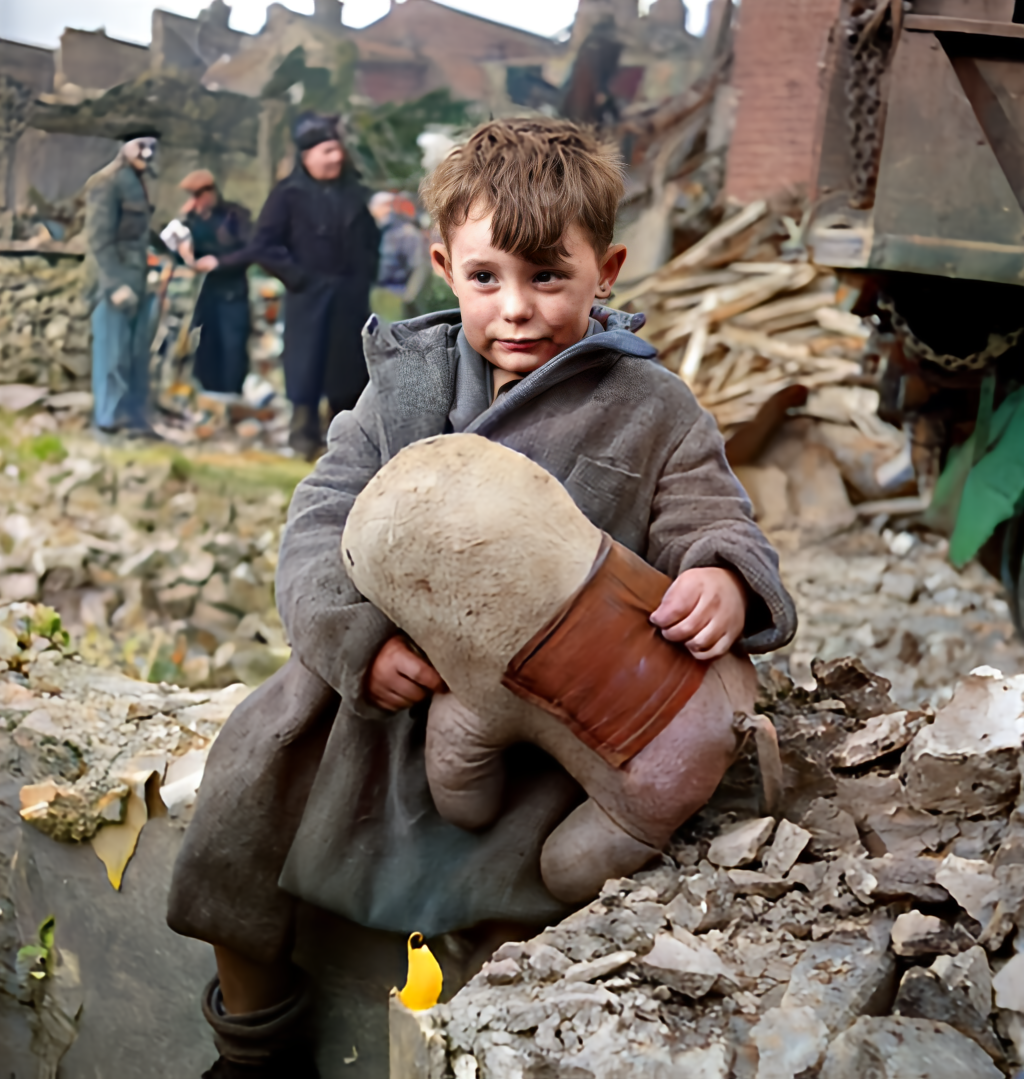 A colorized and enhanced photo of a boy in rubble showing recovered details